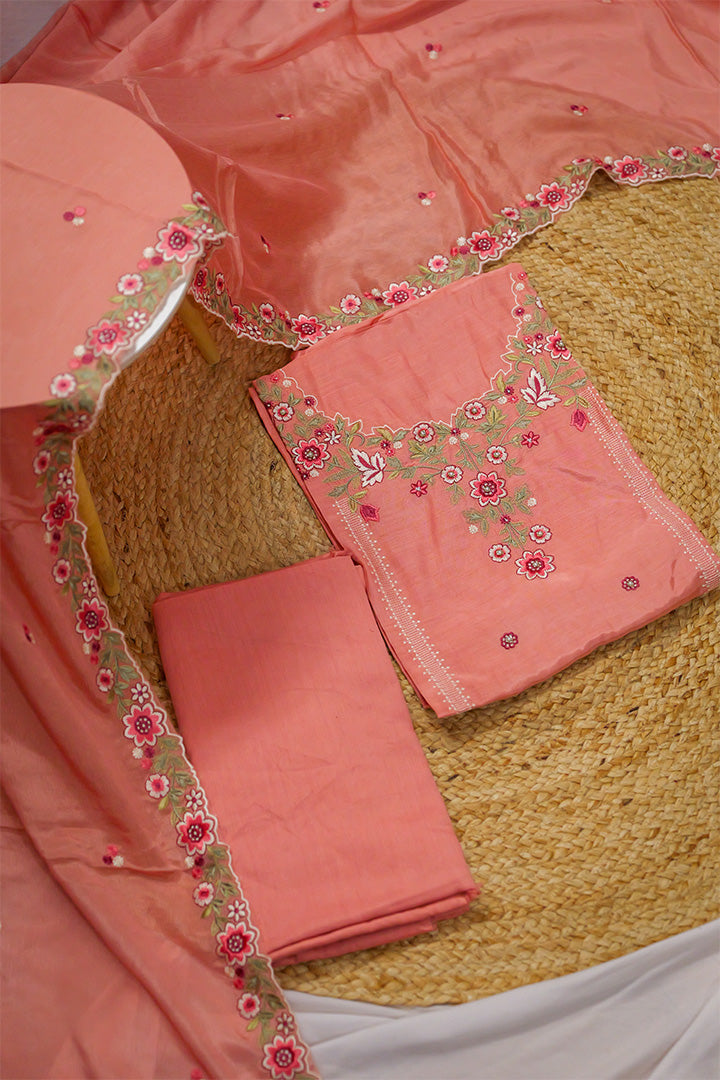 Charming Peach Moonga Silk Ensemble with Dupatta