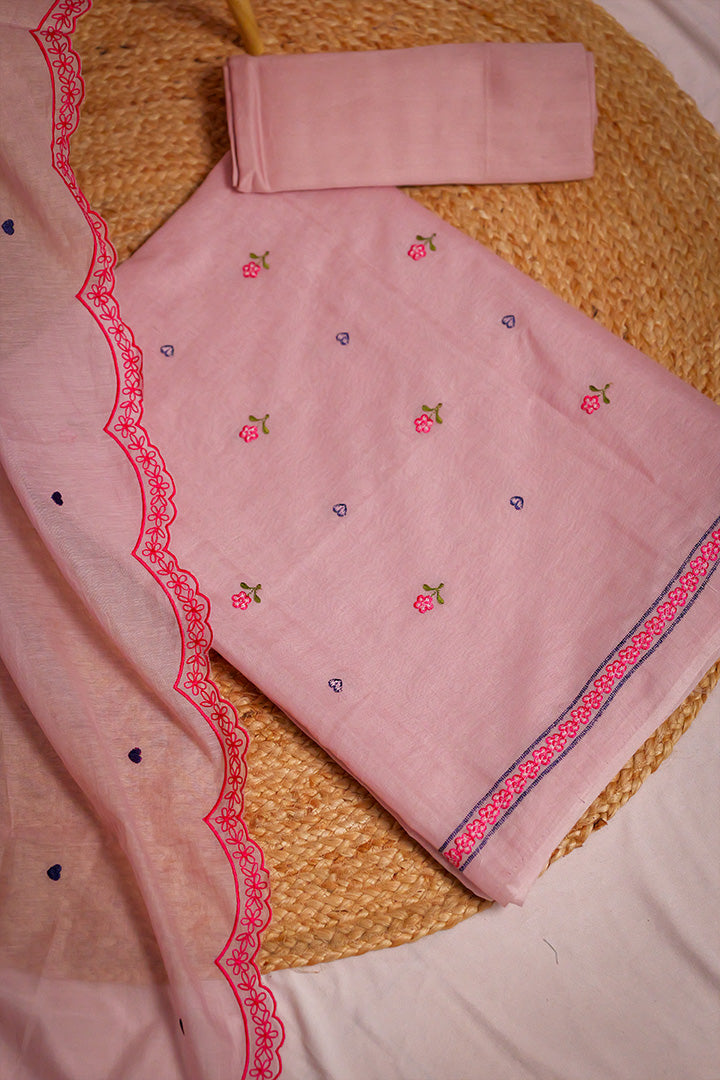 Blush Pink Unstitched Salwar Suit with Floral Embroidery & Scalloped Dupatta