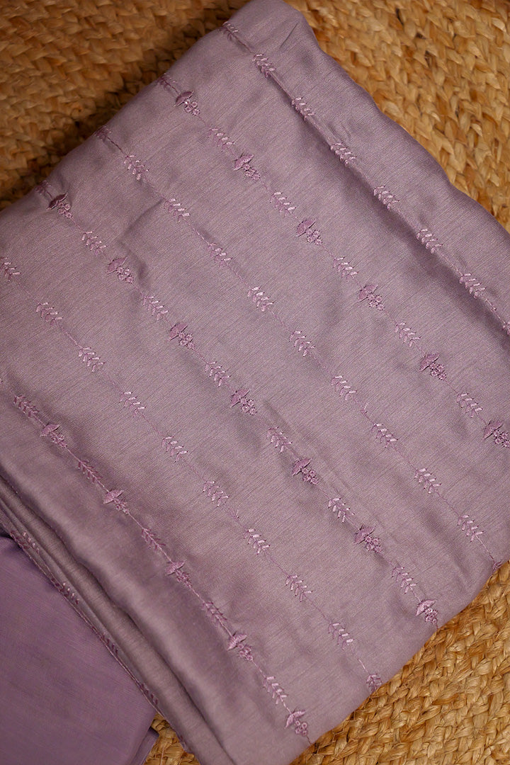 Soft Lavender Unstitched Salwar Suit with Subtle Thread Detailing & Organza Dupatta