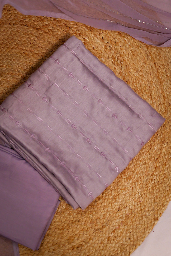 Soft Lavender Unstitched Salwar Suit with Subtle Thread Detailing & Organza Dupatta