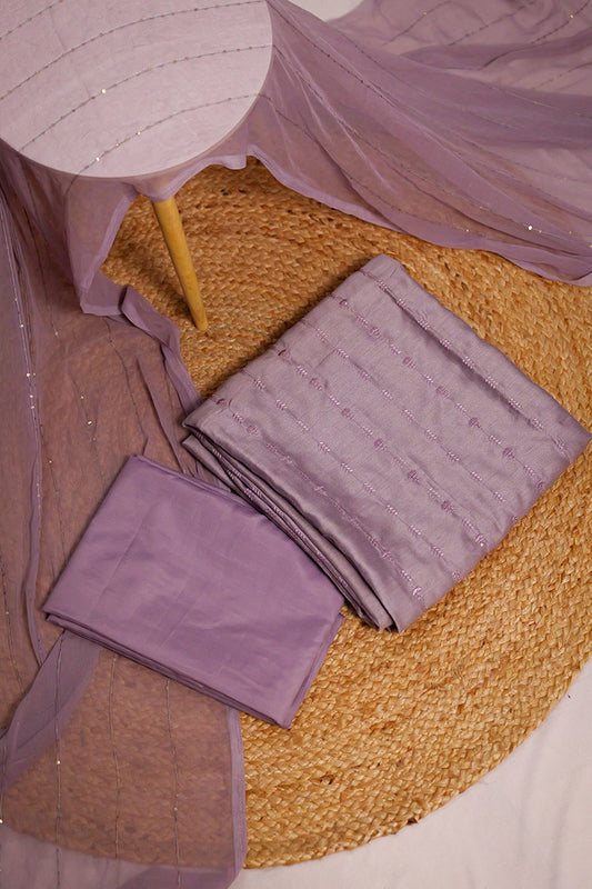 Soft Lavender Unstitched Salwar Suit with Subtle Thread Detailing & Organza Dupatta