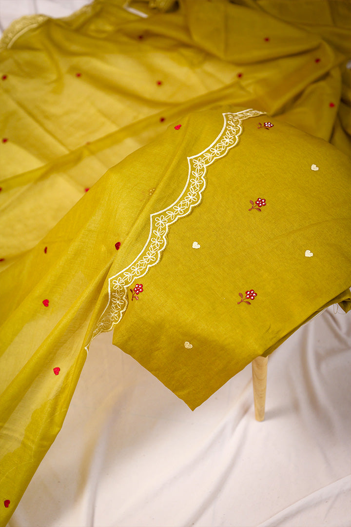 Blush Pink Unstitched Salwar Suit with Floral Embroidery & Scalloped Dupatta