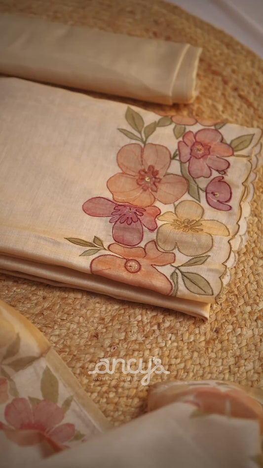 Elegant Silk Linen Unstitched Set with Floral Embroidery Dupatta